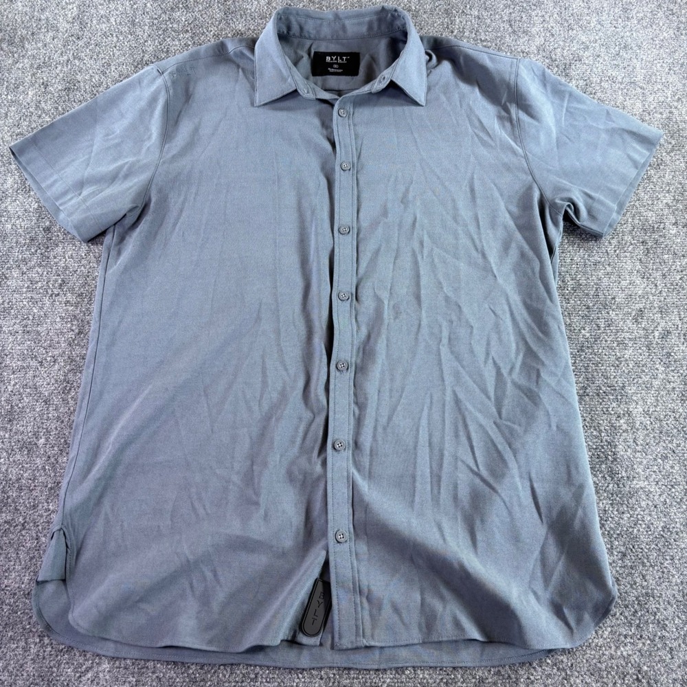 BYLT Button Down Shirt Mens XL Grey Short Sleeve Stretch Premium Basics Top